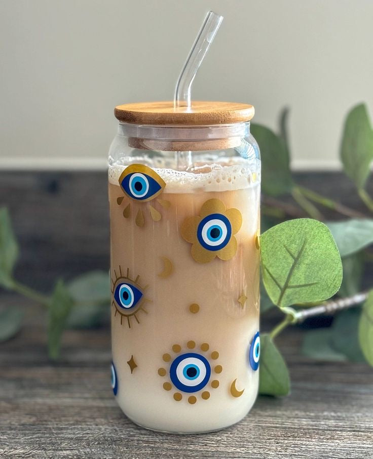 Evil Eye Glass Cup with Glass Straw