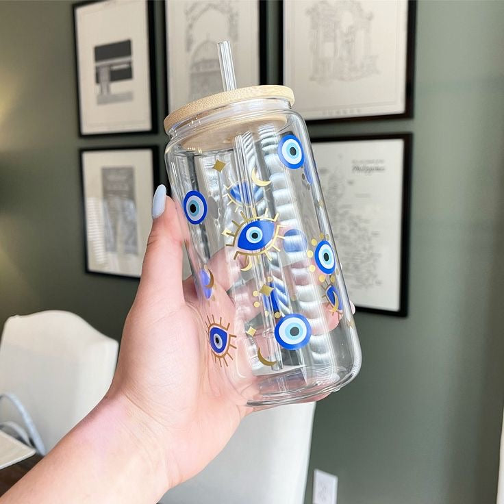 Evil Eye Glass Cup with Glass Straw